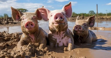 Three pigs laying in the mud